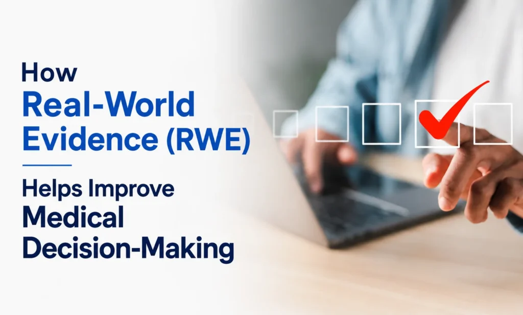 Medical professional analyzing clinical trial data and real-world evidence studies in a digital healthcare research environment
