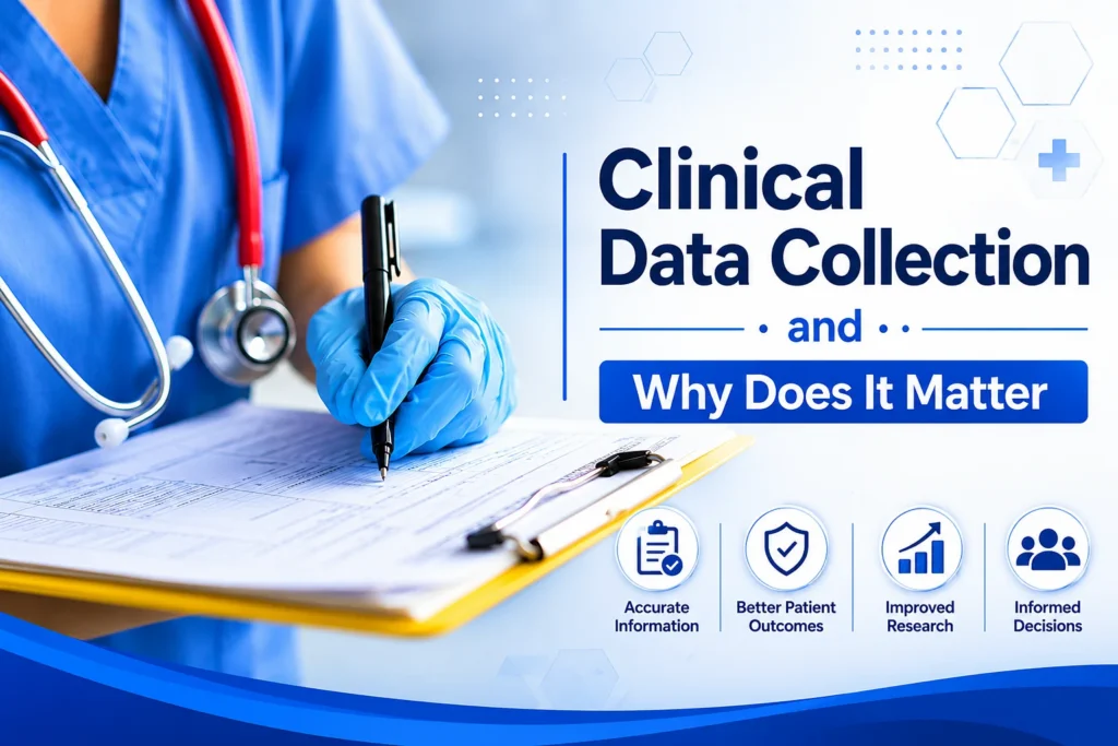 Healthcare professional recording clinical data on a patient form in a medical research setting