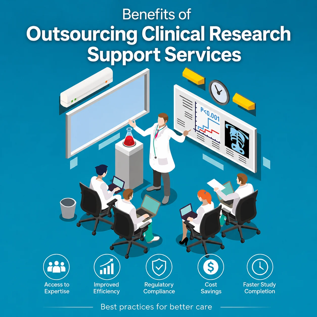 Clinical research team collaborating on outsourced support services and healthcare study management