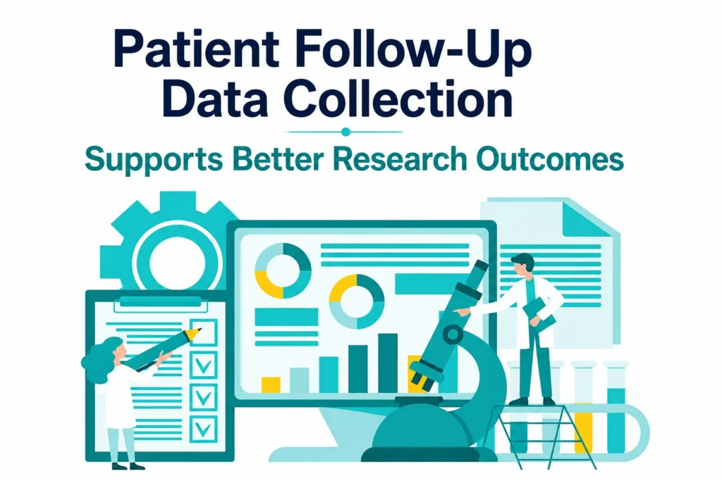 Healthcare researchers analyzing patient follow-up data and clinical study outcomes using digital research tools