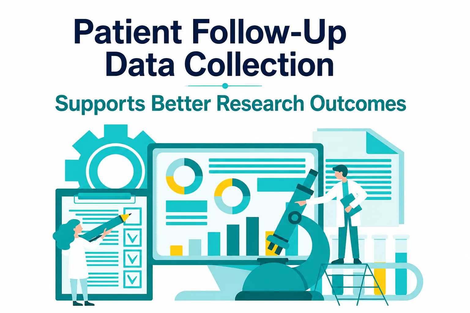 Healthcare researchers analyzing patient follow-up data and clinical study outcomes using digital research tools