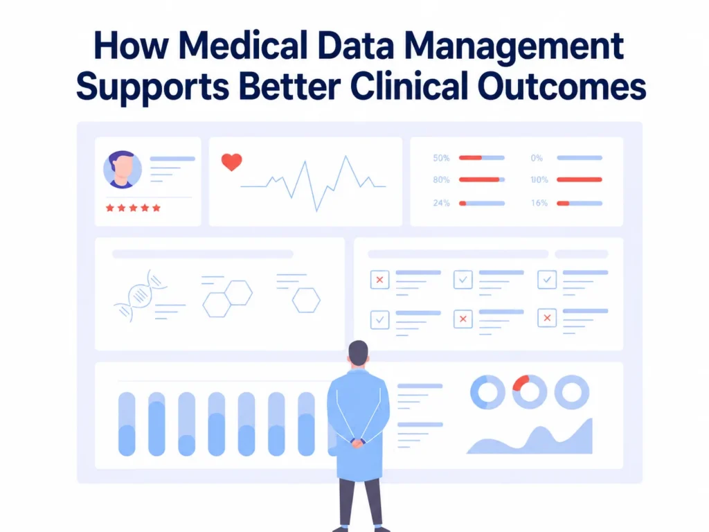 Medical professional reviewing healthcare data dashboards and analytics for improved clinical outcomes