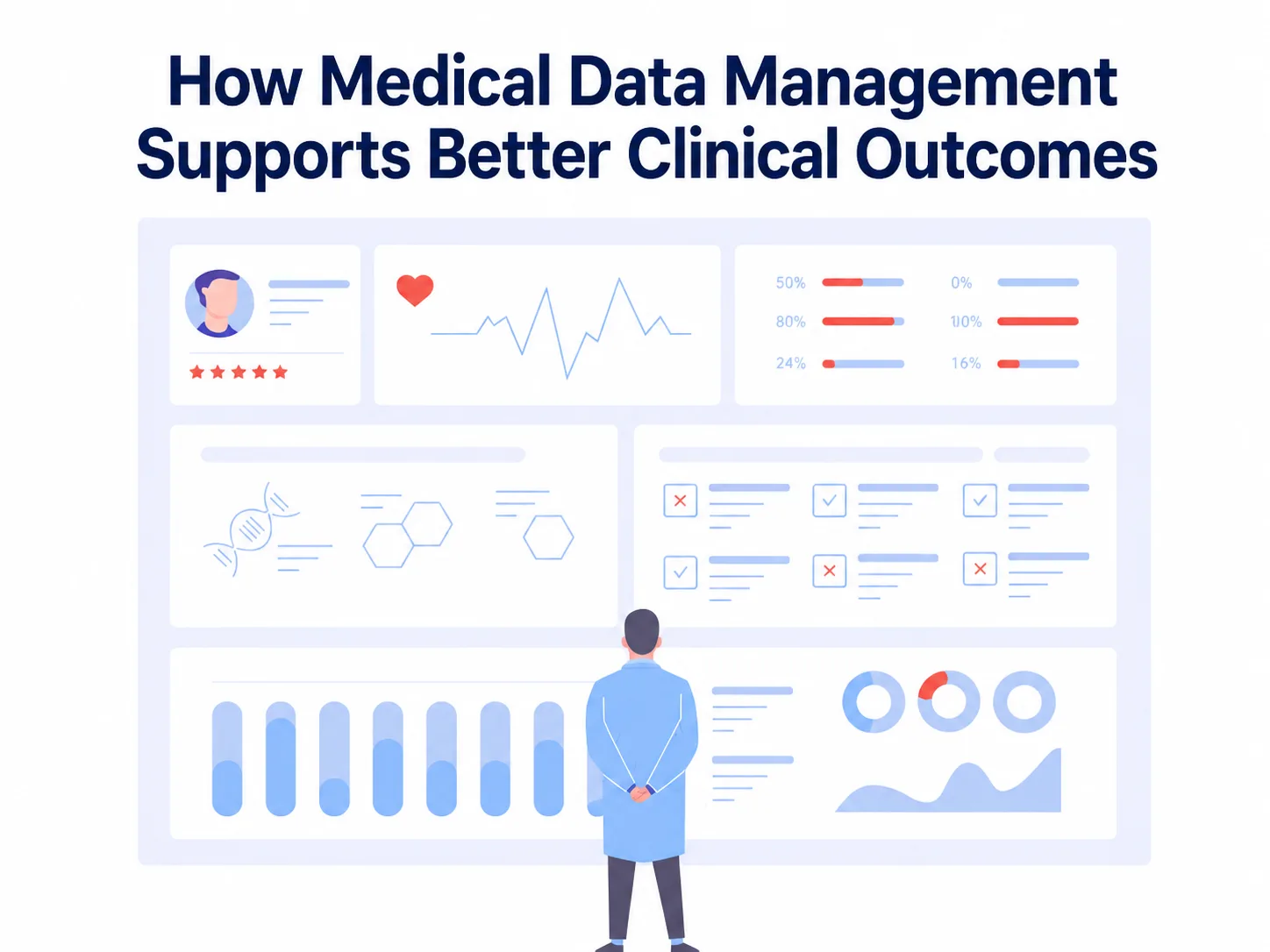 Medical professional reviewing healthcare data dashboards and analytics for improved clinical outcomes