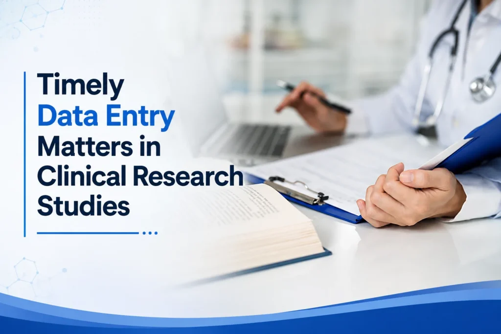 Healthcare professional performing timely clinical data entry and documentation in a medical research setting
