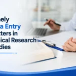 Healthcare professional performing timely clinical data entry and documentation in a medical research setting