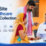 Healthcare professional collecting patient information during an on-site healthcare data collection visit in a community setting