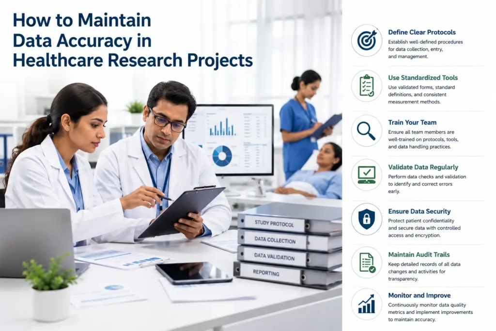Indian healthcare researchers reviewing and validating clinical data in a hospital research environment