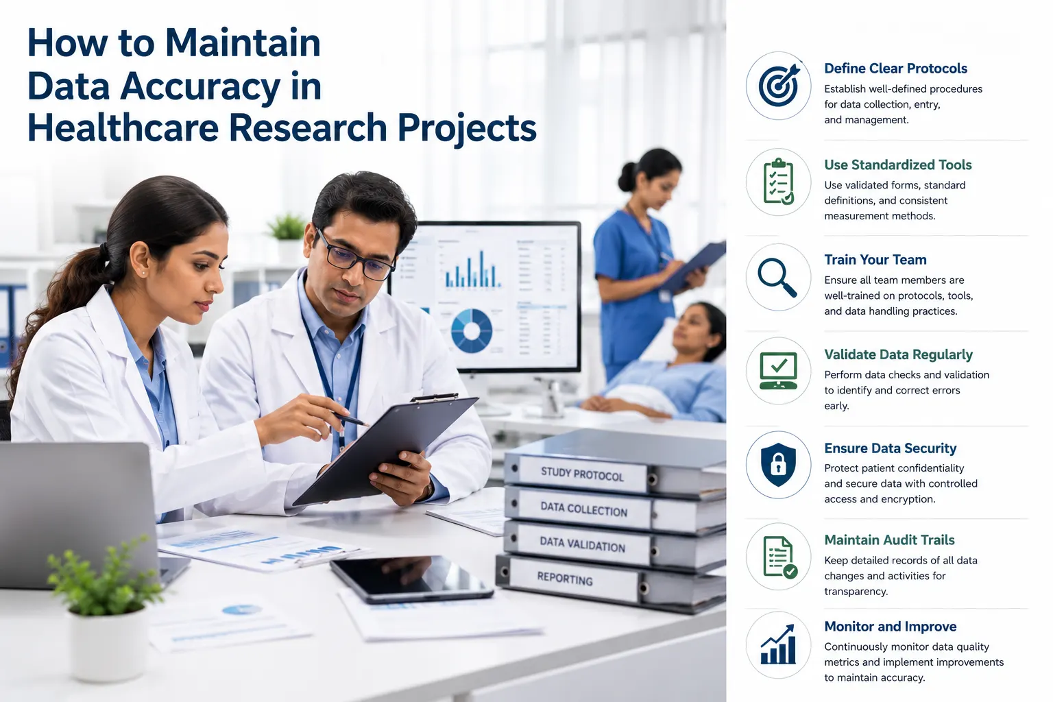 Indian healthcare researchers reviewing and validating clinical data in a hospital research environment