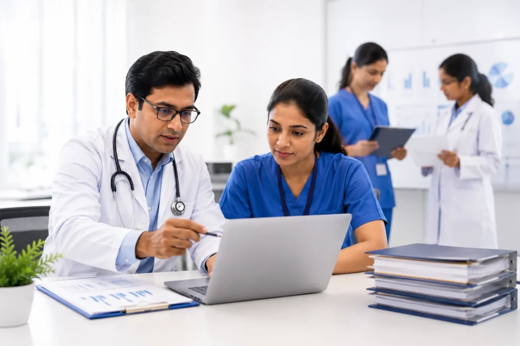 Indian healthcare professionals managing patient data collection and research documentation in a hospital setting