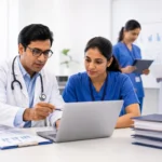 Indian healthcare professionals managing patient data collection and research documentation in a hospital setting