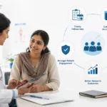 Doctor and Indian patient discussing follow-up data collection and research outcomes in a clinic