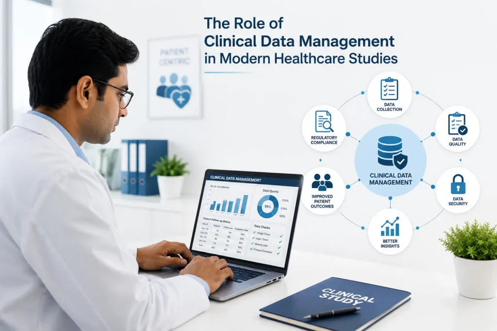 Indian doctor managing clinical data and healthcare study records on a laptop in a modern clinic