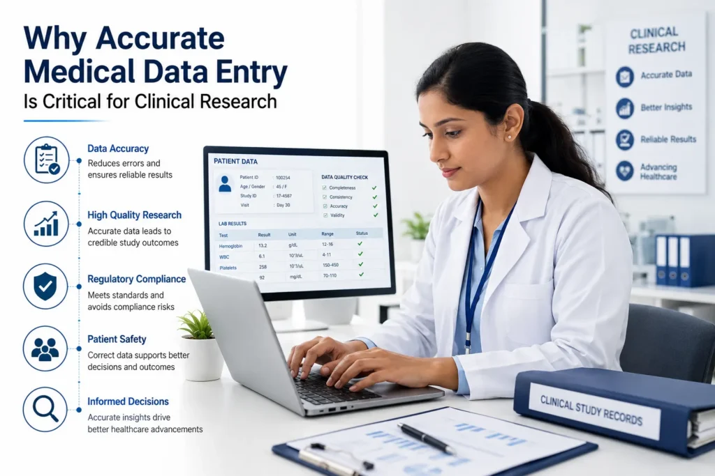 Healthcare professional entering accurate patient data for clinical research in a modern medical setting