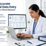 Healthcare professional entering accurate patient data for clinical research in a modern medical setting