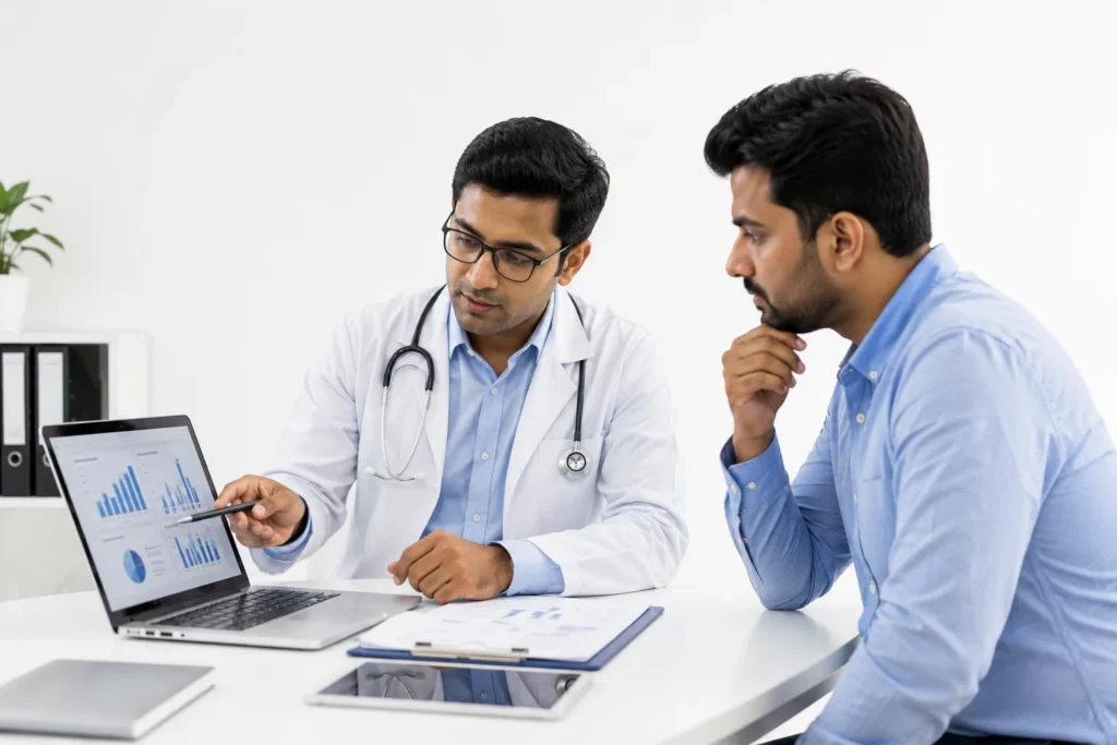 Indian doctor explaining healthcare data and medical insights to a patient in a modern clinic