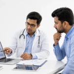 Indian doctor explaining healthcare data and medical insights to a patient in a modern clinic