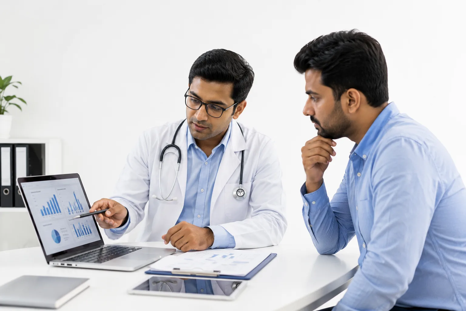 Indian doctor explaining healthcare data and medical insights to a patient in a modern clinic
