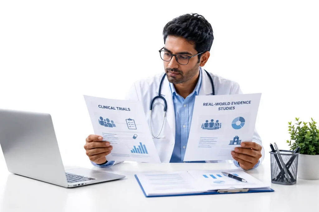 Indian doctor comparing clinical trials and real-world evidence study reports in a modern medical office