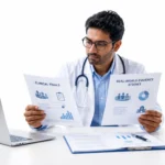 Indian doctor comparing clinical trials and real-world evidence study reports in a modern medical office