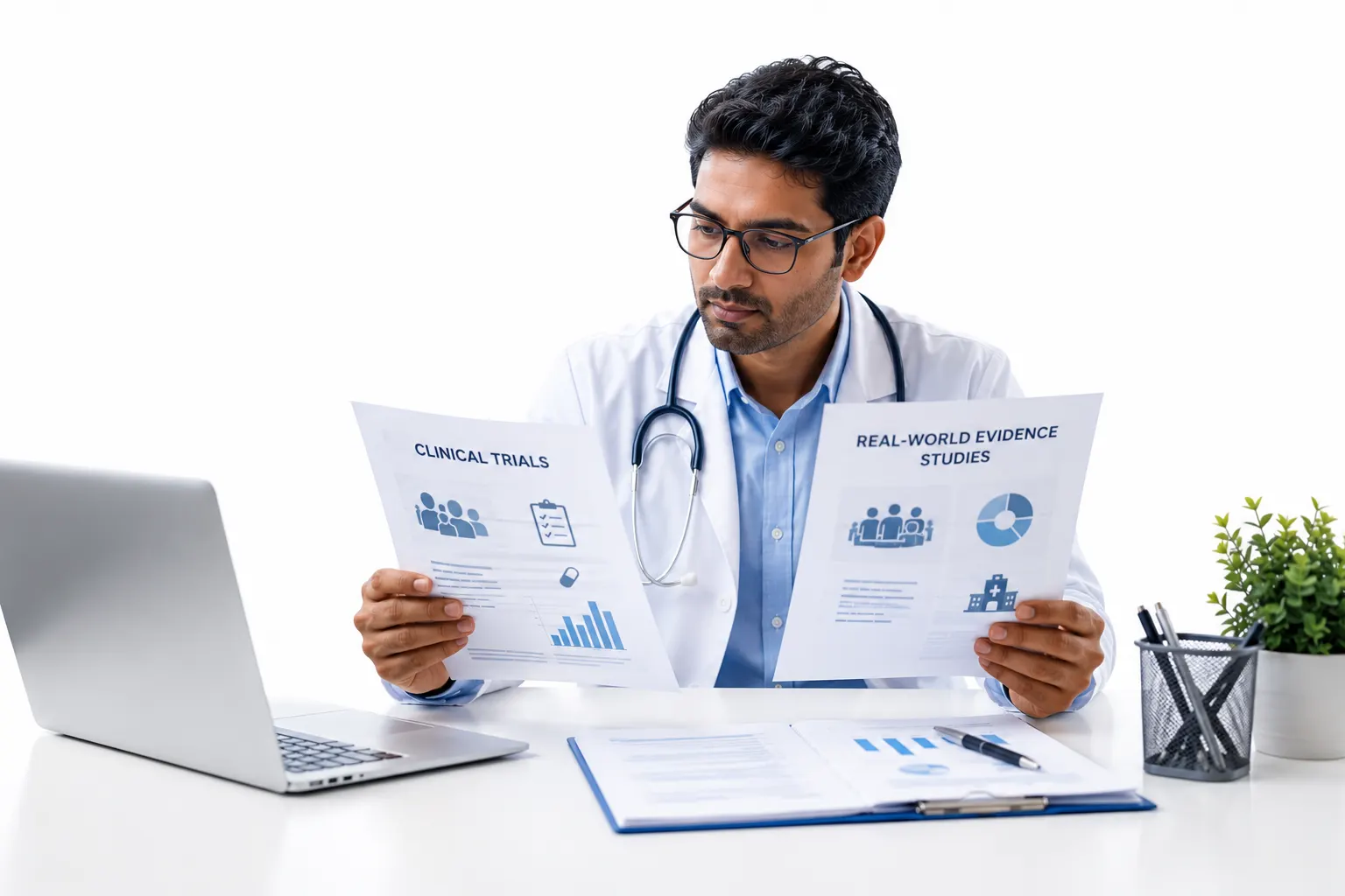 Indian doctor comparing clinical trials and real-world evidence study reports in a modern medical office