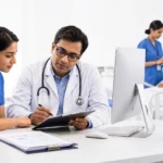 Indian healthcare professionals collecting and reviewing patient data in a hospital-based study environment