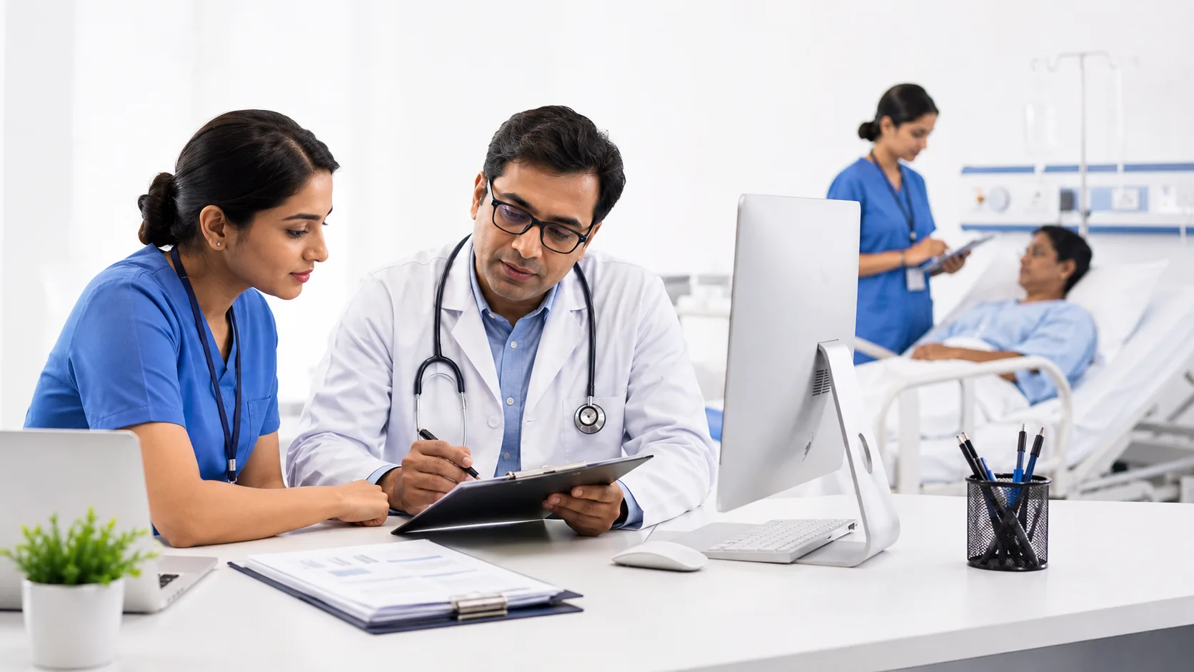 Indian healthcare professionals collecting and reviewing patient data in a hospital-based study environment