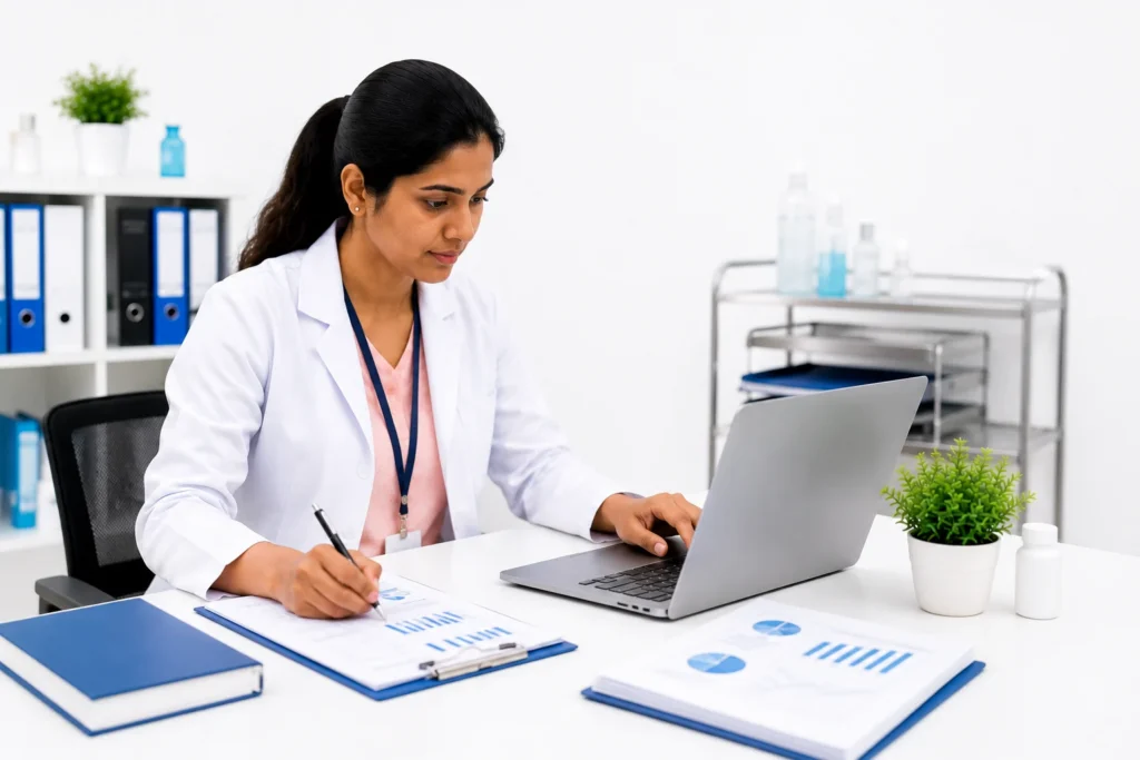 Healthcare professional managing clinical data collection and research documentation in a modern medical office