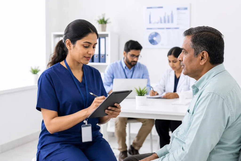 Healthcare worker collecting patient information during a clinical field study in a modern hospital setting