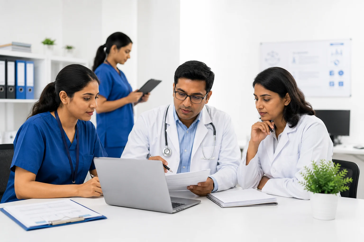 Indian healthcare professionals discussing patient data collection challenges in a clinical research setting