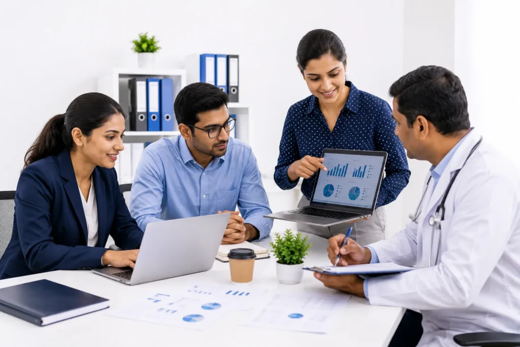 Healthcare professionals discussing outsourced clinical research support services in a modern office environment