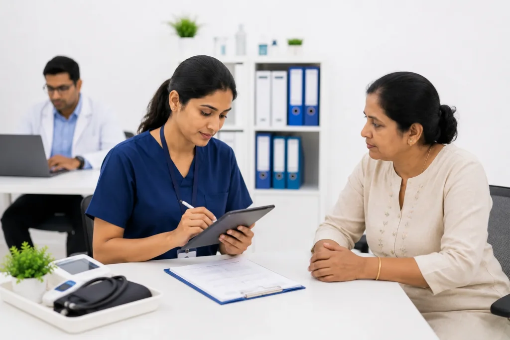 Healthcare worker collecting patient information during on-site healthcare data collection in a clinical setting