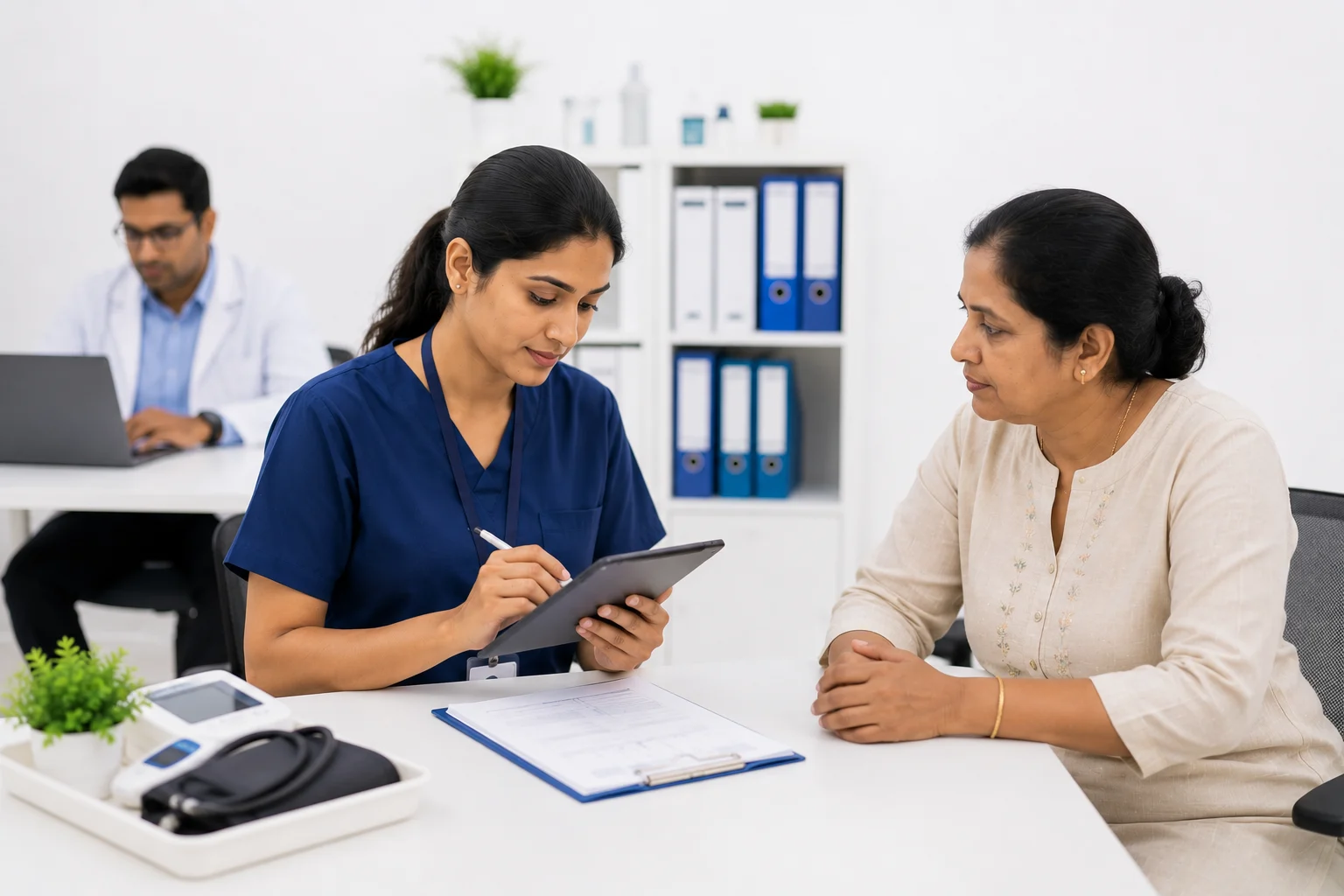 Healthcare worker collecting patient information during on-site healthcare data collection in a clinical setting