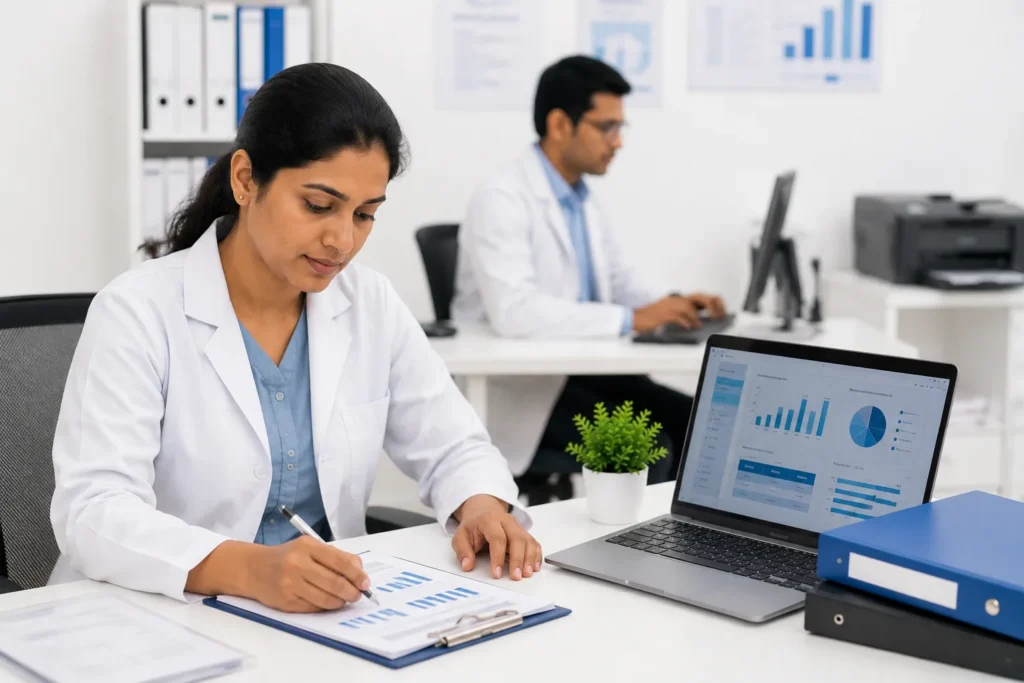Healthcare professionals managing clinical trial data and research records in a modern medical office