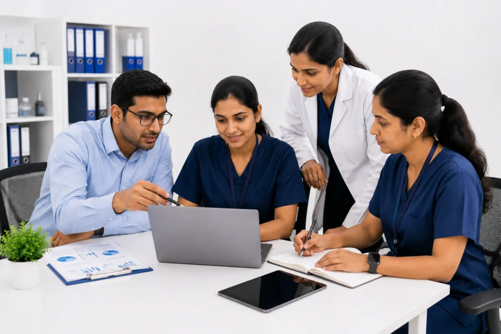 Clinical research support team collaborating to improve efficiency in healthcare studies