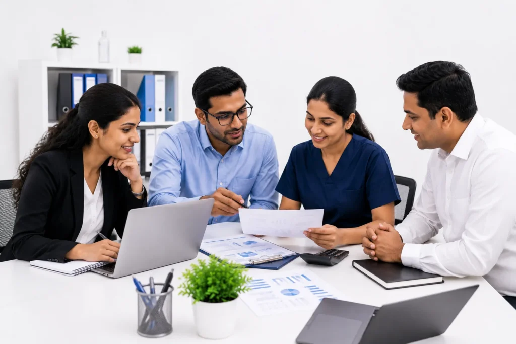 Clinical research professionals collaborating on outsourced healthcare support services in a modern office environment