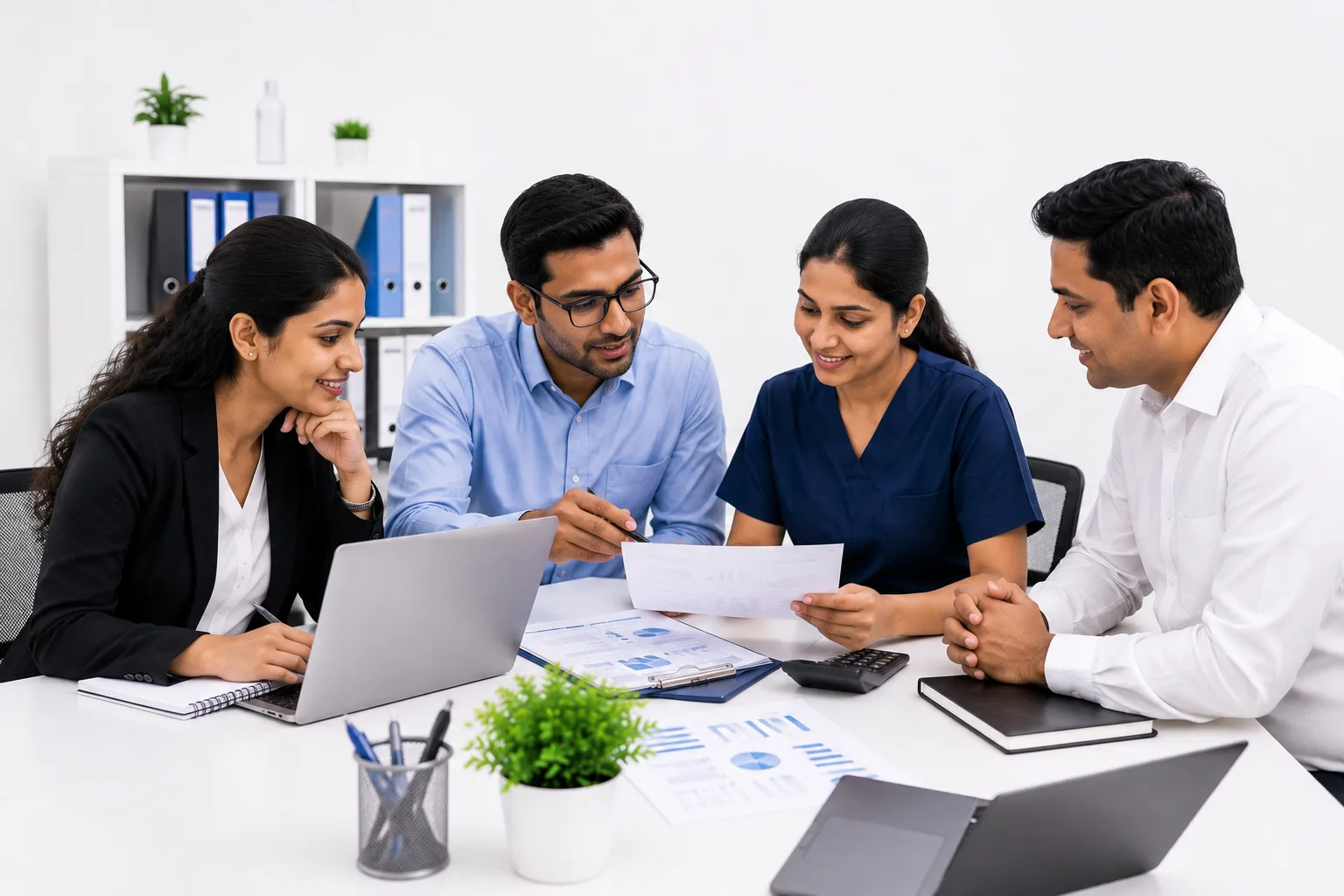Clinical research professionals collaborating on outsourced healthcare support services in a modern office environment