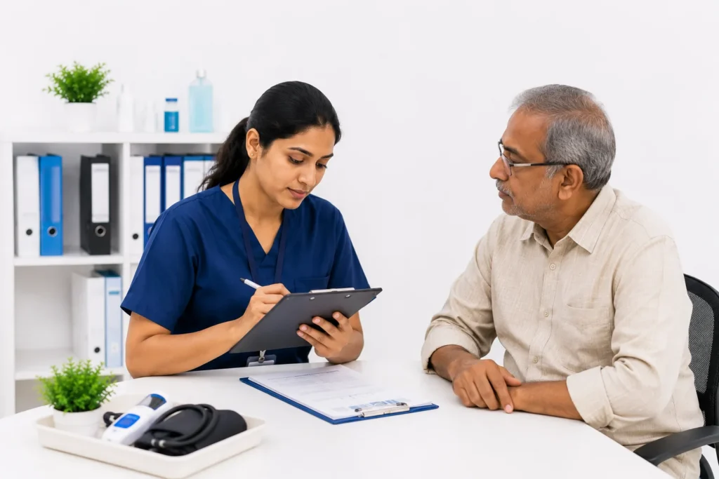 Healthcare worker collecting patient information during on-site healthcare data collection in a clinical environment