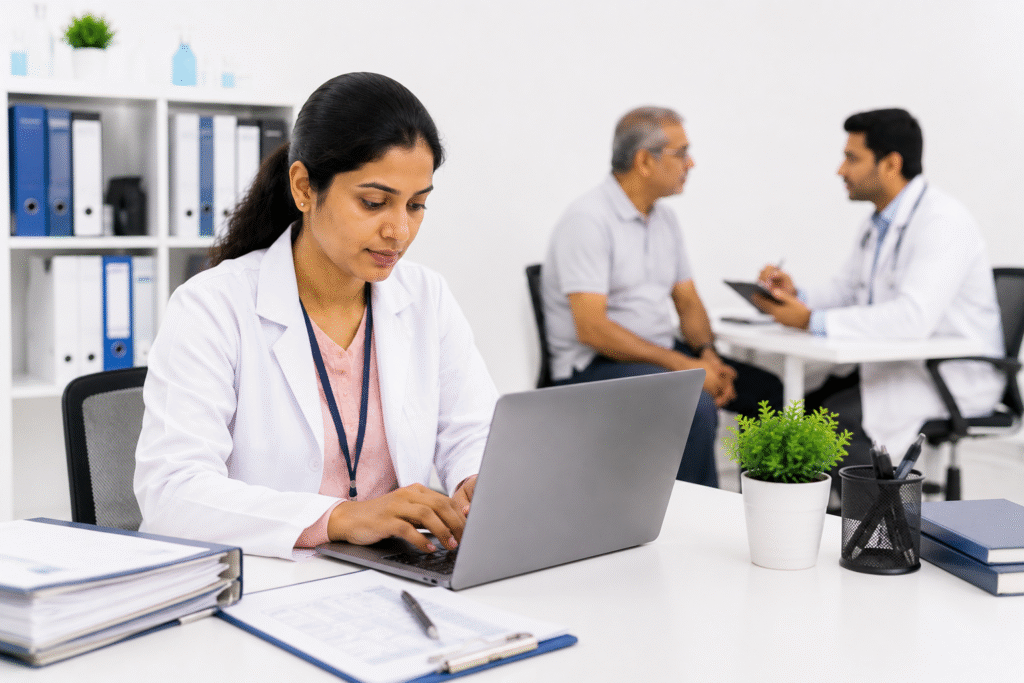 Healthcare professional entering clinical research data on a laptop in a modern medical office