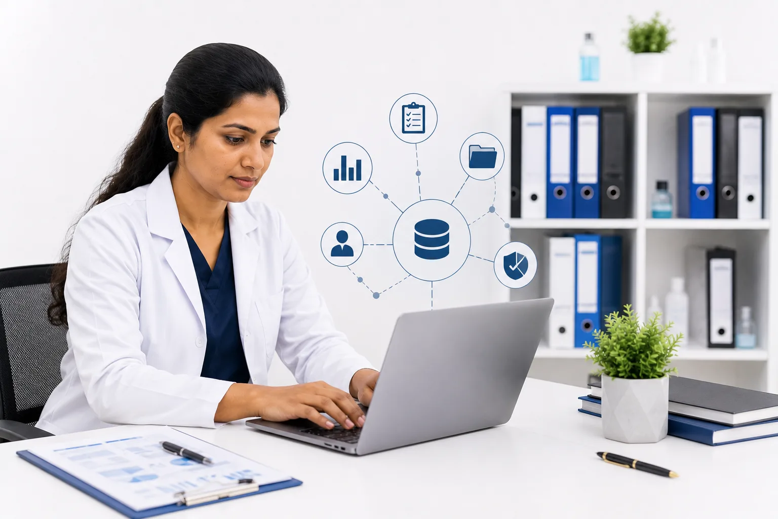 Healthcare professional using digital data systems for clinical research management in a modern medical office