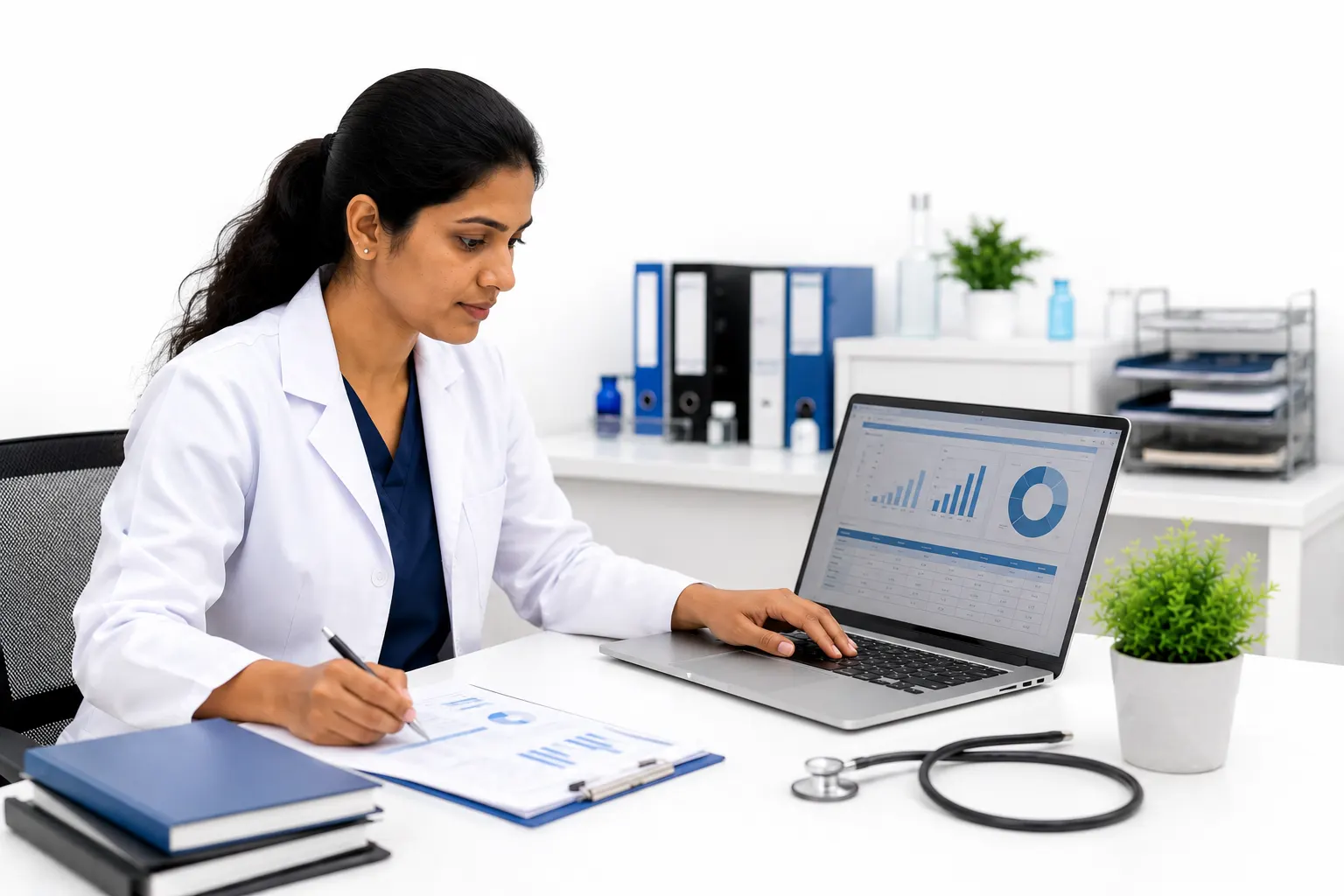 Healthcare professional managing medical data and clinical records in a modern healthcare workspace