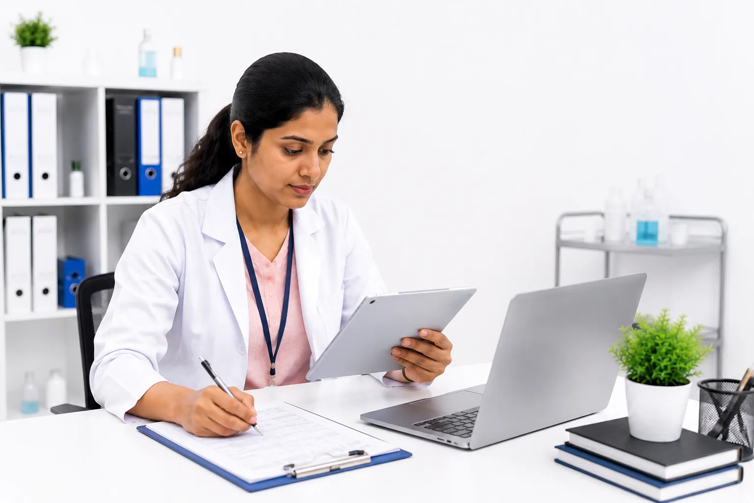 Healthcare professional managing clinical data collection services in a modern medical research environment