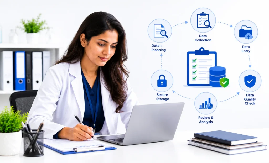 Healthcare professional building a medical data collection workflow in a modern clinical research office