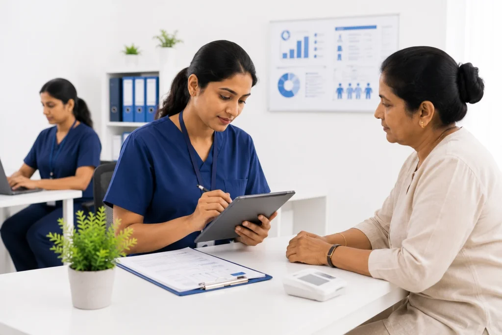 Healthcare worker collecting follow-up visit data from a patient in a modern clinical research setting
