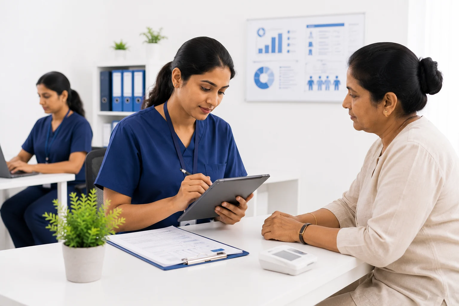 Healthcare worker collecting follow-up visit data from a patient in a modern clinical research setting